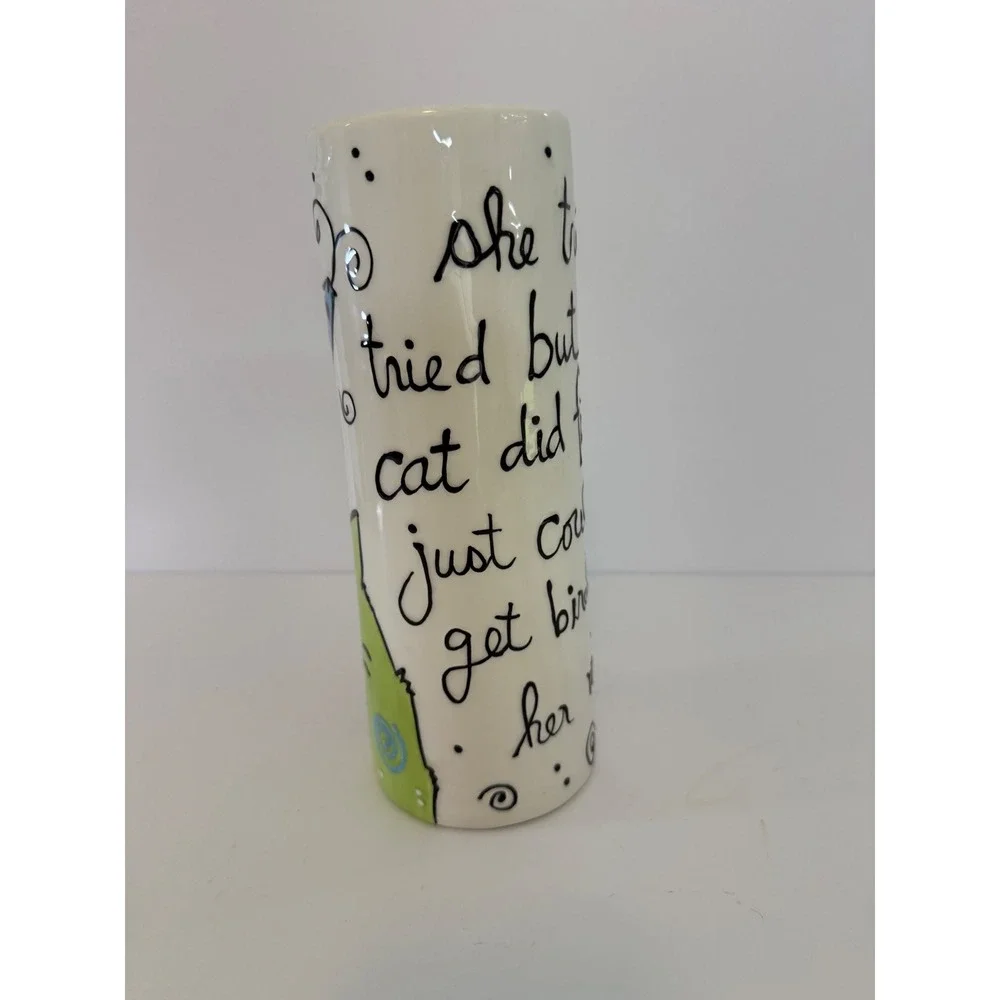 Lotus Ceramic Cat and Bird Whimsical Cylinder Vase 10 Inch Hand Painted